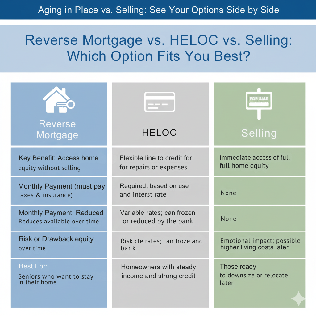 Comparison chart showing reverse mortgage, HELOC, and selling options with benefits, payments, risks, and best fit for seniors Comparison chart showing reverse mortgage, HELOC, and selling options with benefits, payments, risks, and best fit for seniors