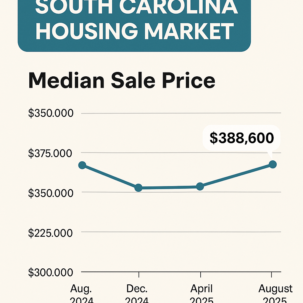 South Carolina housing market median sale price trend from August 2024 to August 2025, showing a rise to $388,600 by August 2025 South Carolina housing market median sale price trend from August 2024 to August 2025, showing a rise to $388,600 by August 2025